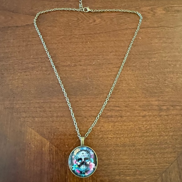 Sugar Skull Colorful Pendant Punk, Halloween Cabochon Badass Bronze Necklace - Picture 6 of 7
